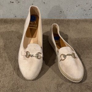 Kanna Beige Suede Loafers with Gold Accent Buckle - Size 7.5